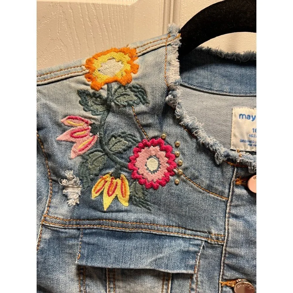 Mayoral | Denim Jean Jacket Embroidered‎ Flowers Sz 16 Girls